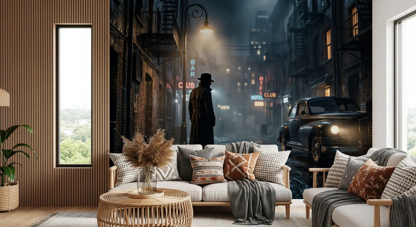 Drawing the eye in a sitting room, this midnight city noir wall mural feels filmic