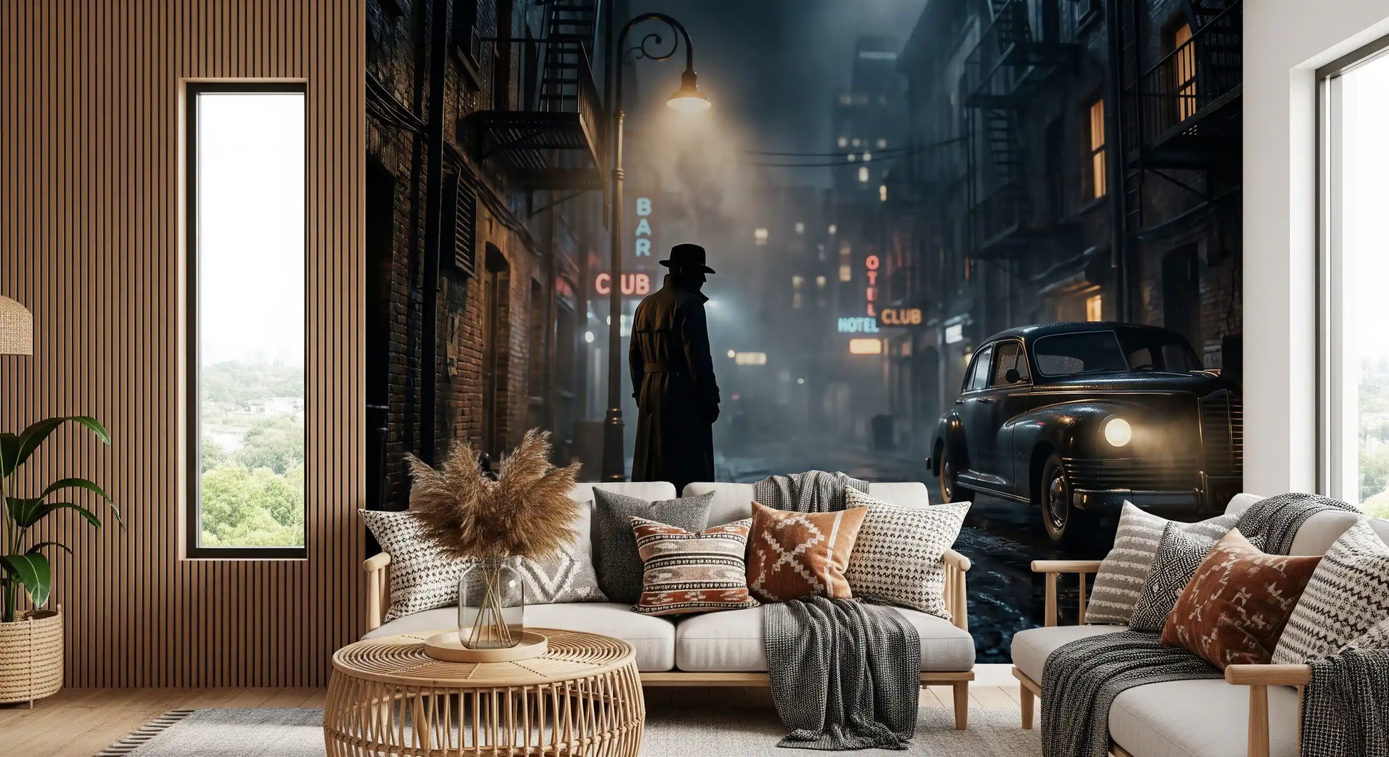 Drawing the eye in a sitting room, this midnight city noir wall mural feels filmic