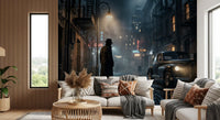 Drawing the eye in a sitting room, this midnight city noir wall mural feels filmic