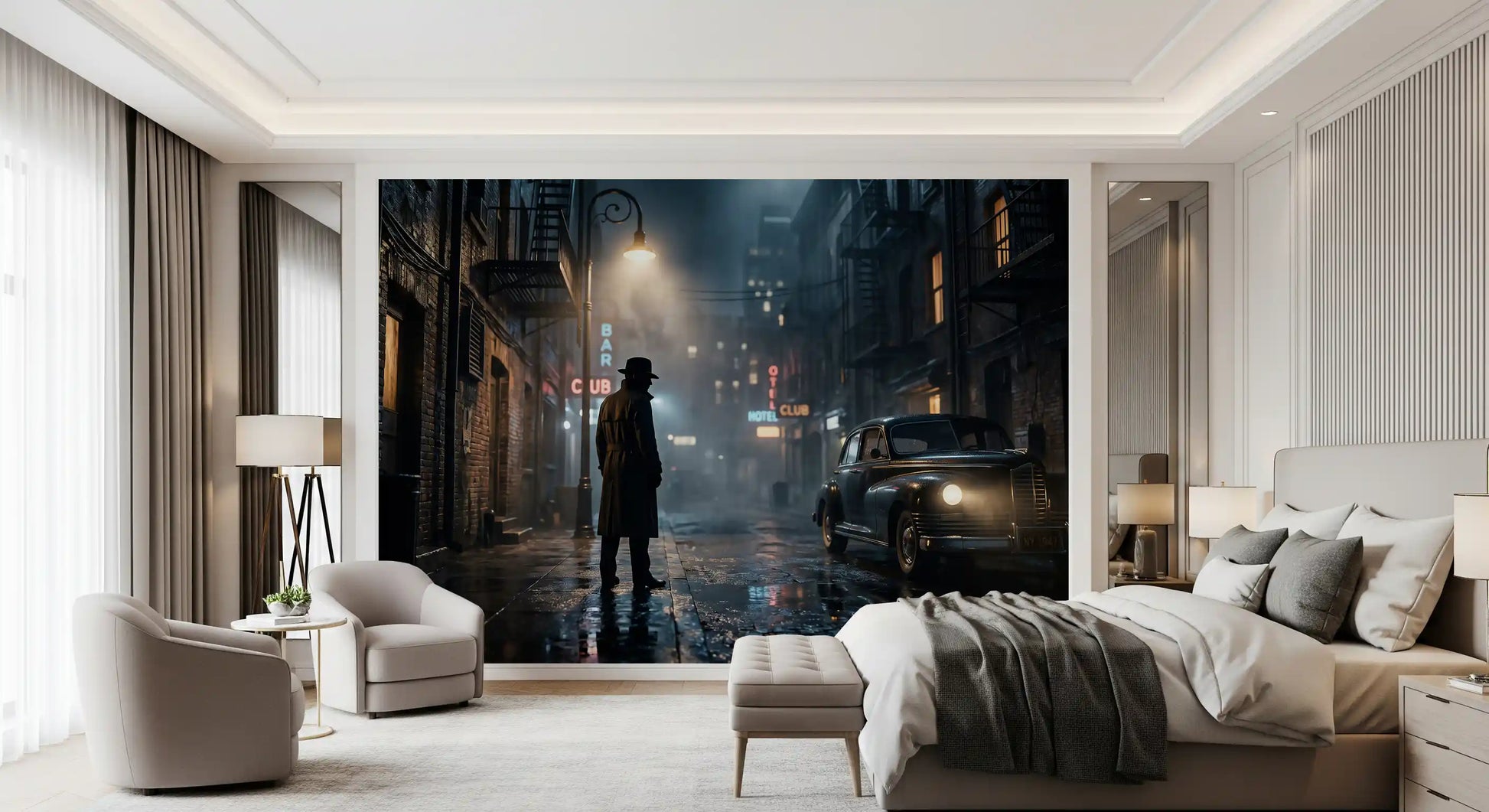 A vintage 1947 sedan idles in the mist within this midnight noir wall mural
