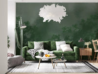 Layered green foliage fades into smoky fog on this Misty Forest wall mural.