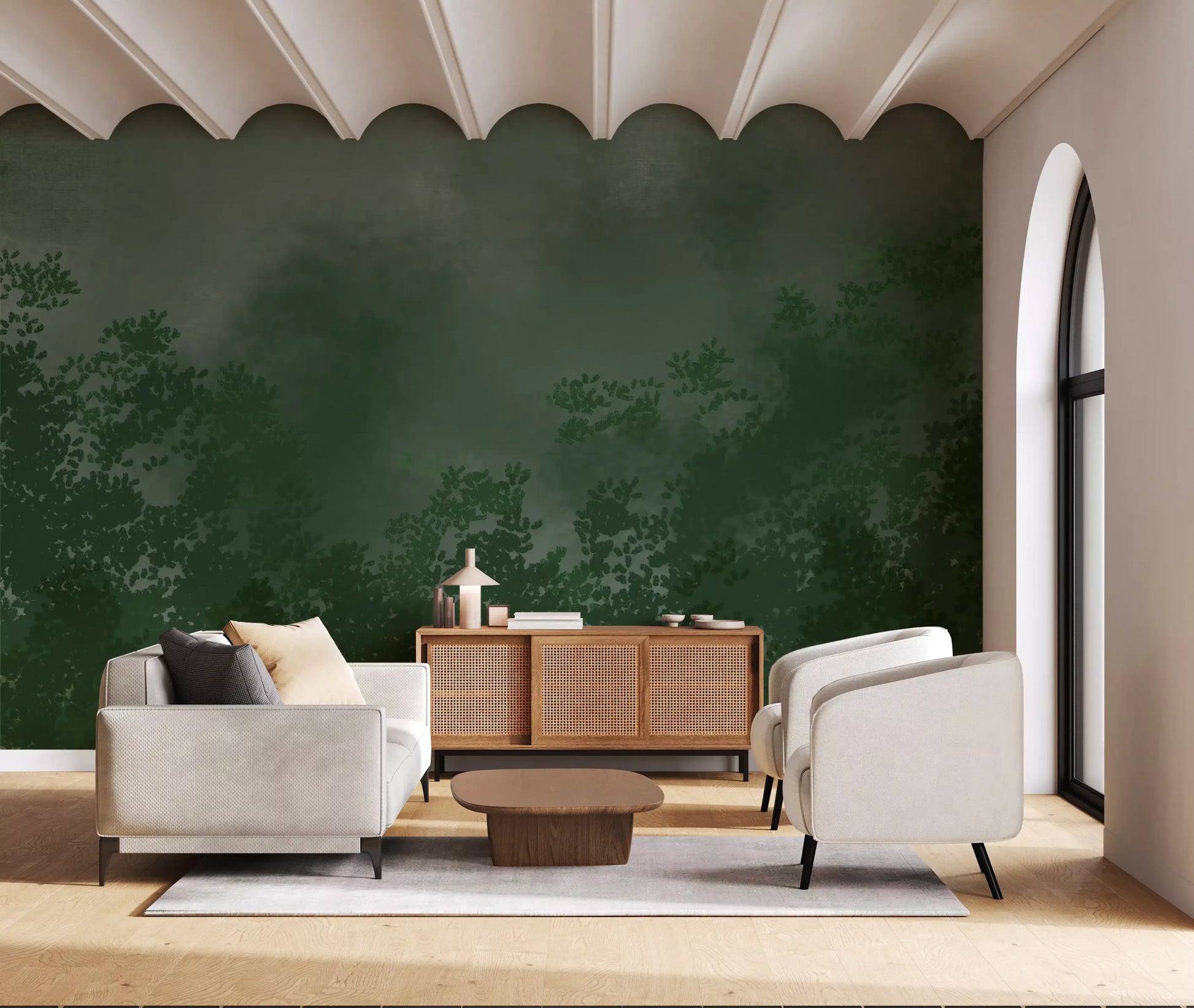 Deep forest greens fill the Living room via the Misty Canopy wall mural.