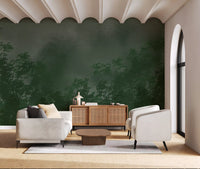 Deep forest greens fill the Living room via the Misty Canopy wall mural.