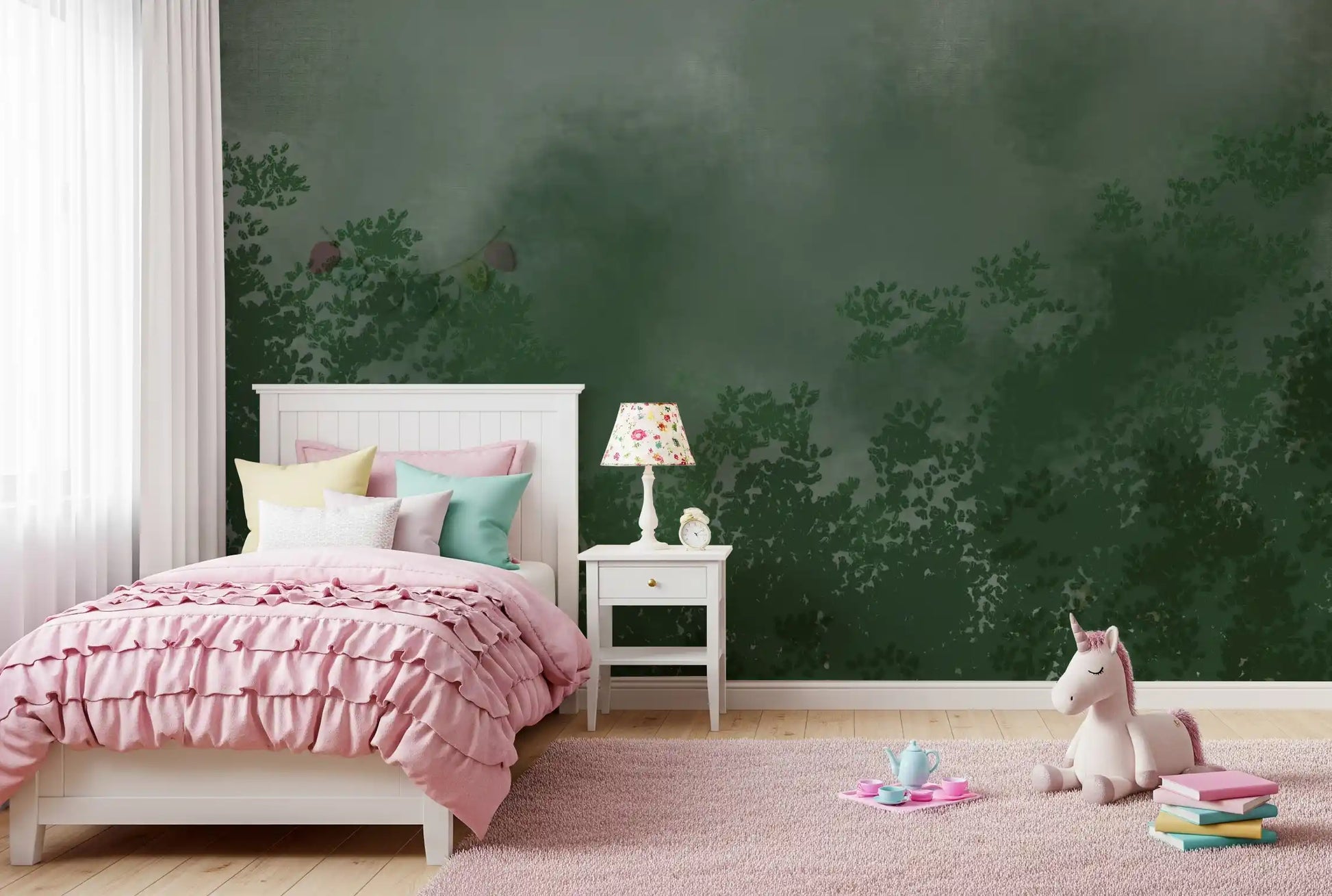 Emerald Canopy Misty Forest wall mural showing dark treetops under grey haze.