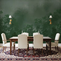 Misty Forest Canopy wall mural giving this dining room a dark, woodland mood.