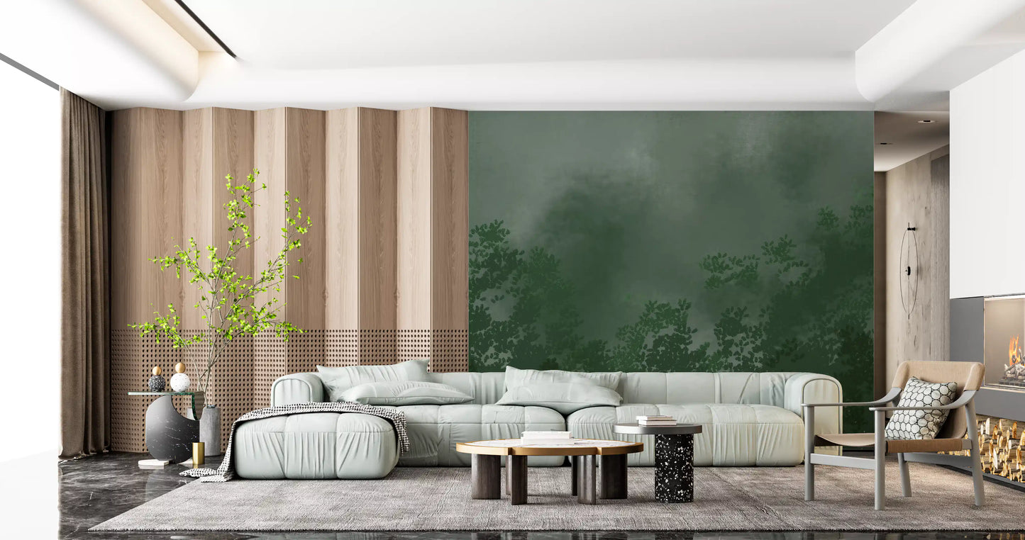 Calm, shadowed mood shaping this Living room  Emerald Canopy Forest wall mural.