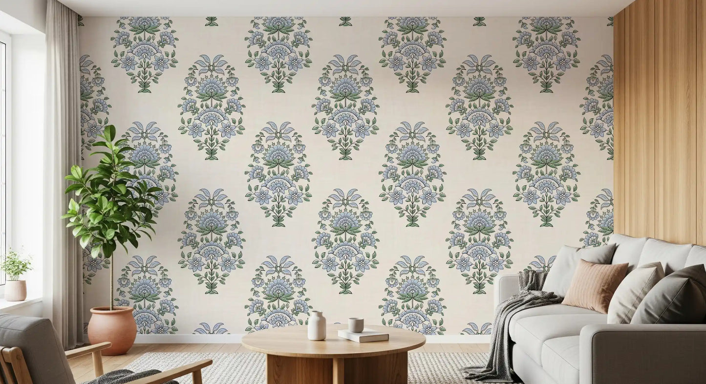 Block-style florals set a relaxed lounge tone in this serene blue wallpaper