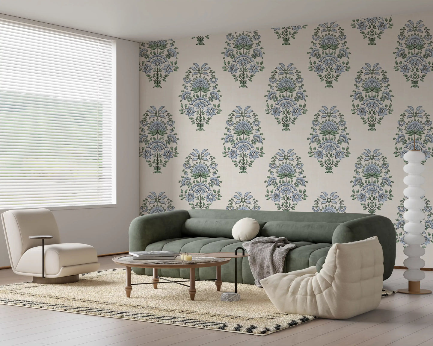 Greet guests in an entryway dressed in Serene Blue Floral Motif Wallpaper