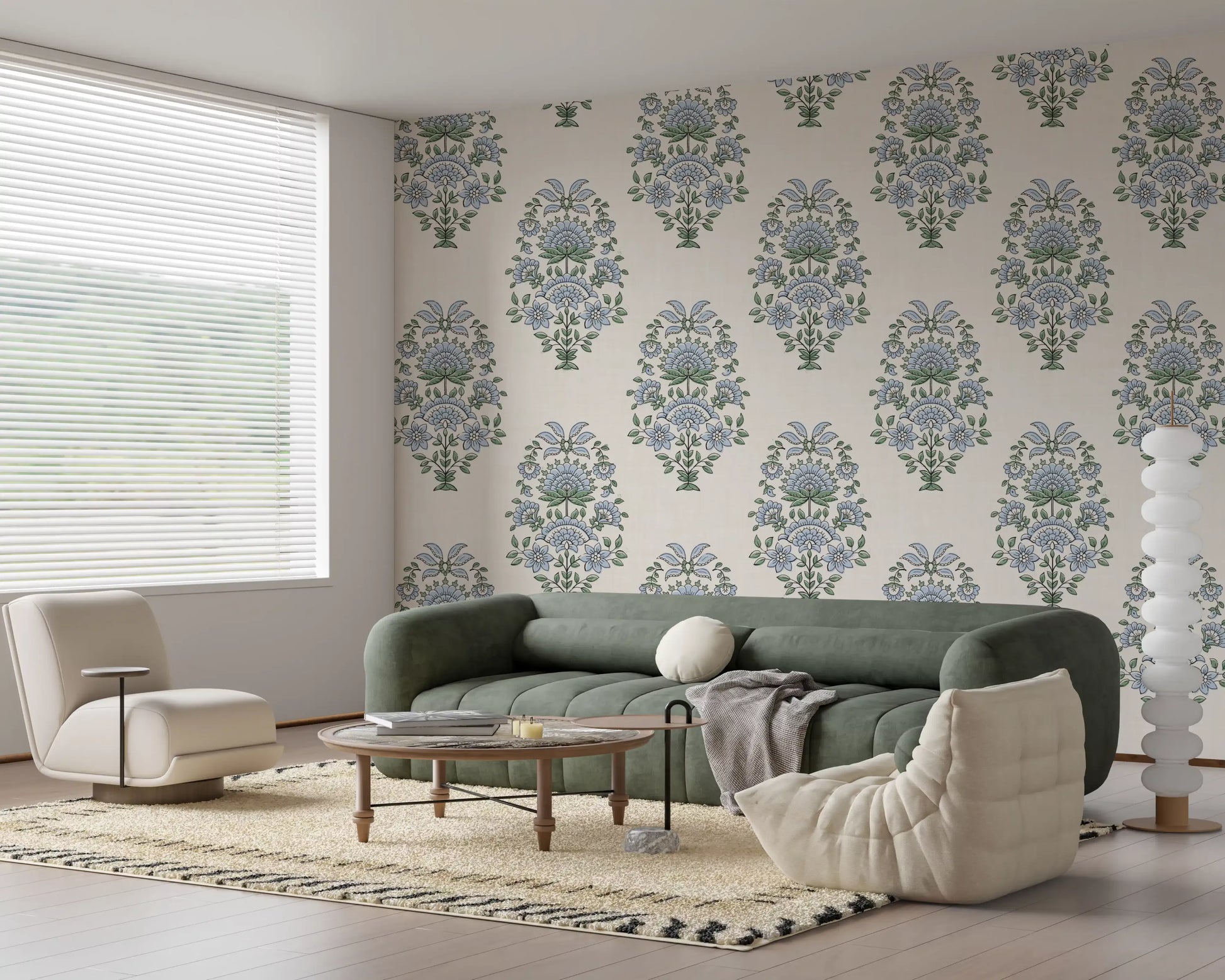 Greet guests in an entryway dressed in Serene Blue Floral Motif Wallpaper