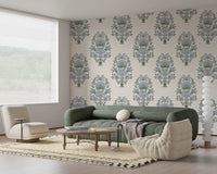 Greet guests in an entryway dressed in Serene Blue Floral Motif Wallpaper