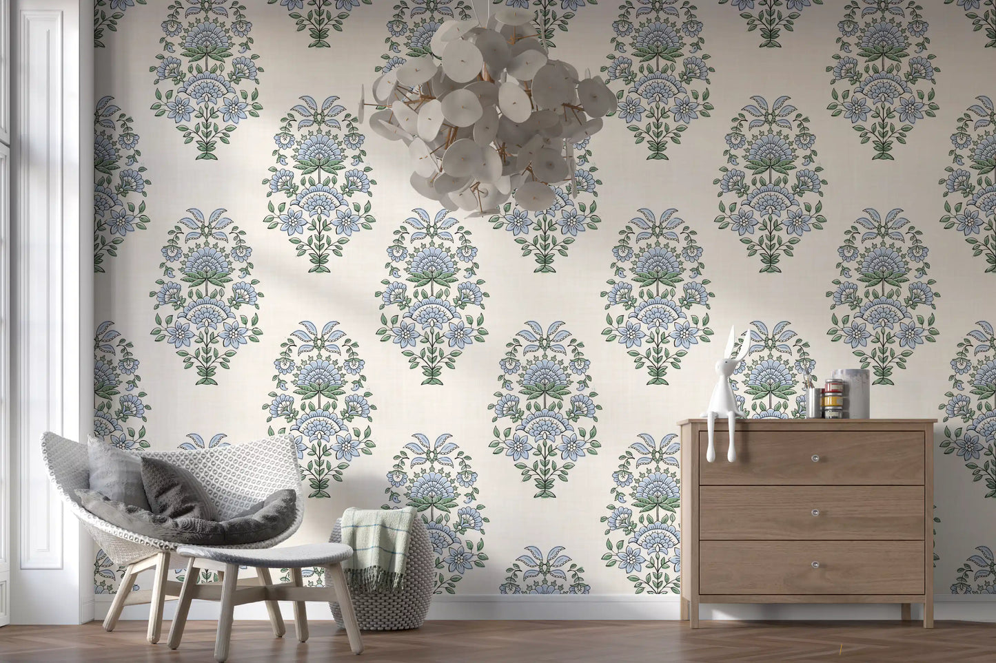 Periwinkle petals and sage leaves detailed in this serene floral wallpaper