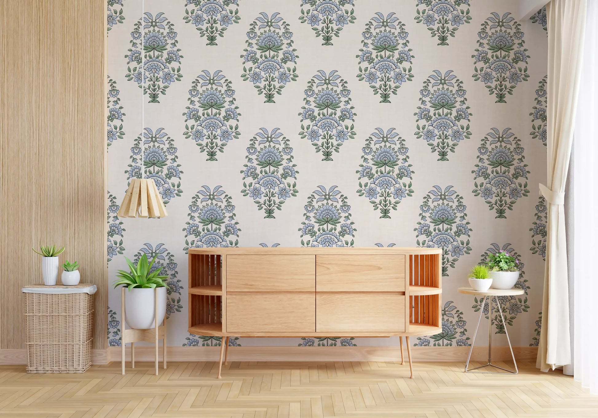 Pale cream ground keeps Serene Blue Floral Motif Wallpaper light and calm