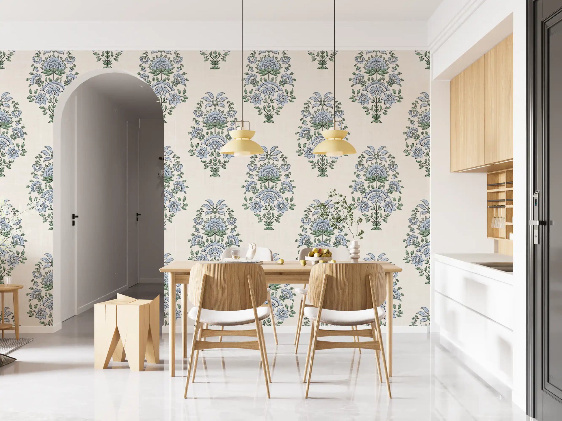 Periwinkle blooms wrap a dining room in this serene floral wallpaper