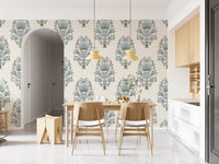 Periwinkle blooms wrap a dining room in this serene floral wallpaper