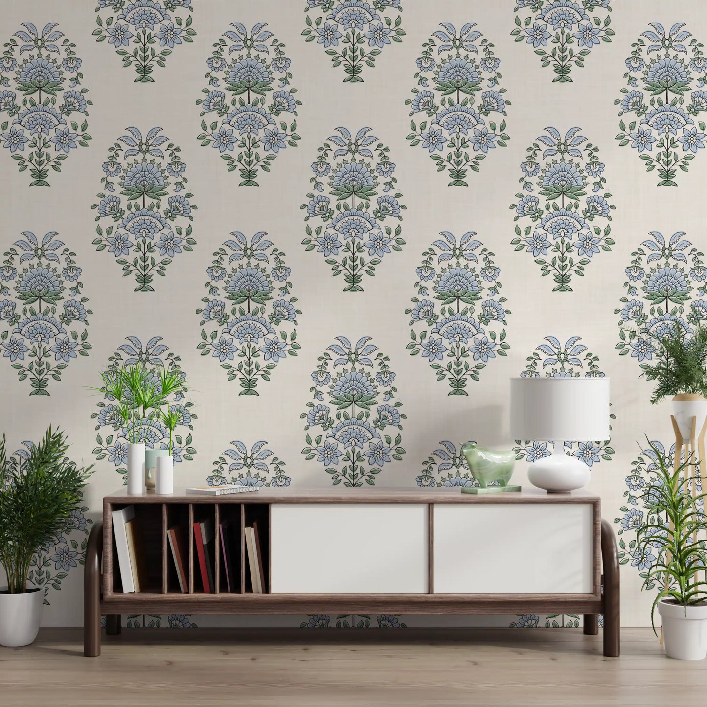 Green-and-blue blooms suit a quiet study, shown here in floral motif wallpaper