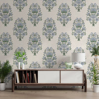 Green-and-blue blooms suit a quiet study, shown here in floral motif wallpaper