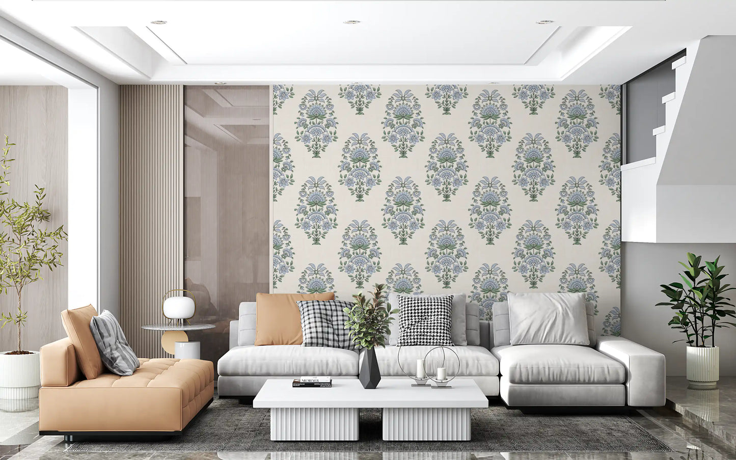 Calm botanical mood in a living room finished with blue floral motif wallpaper
