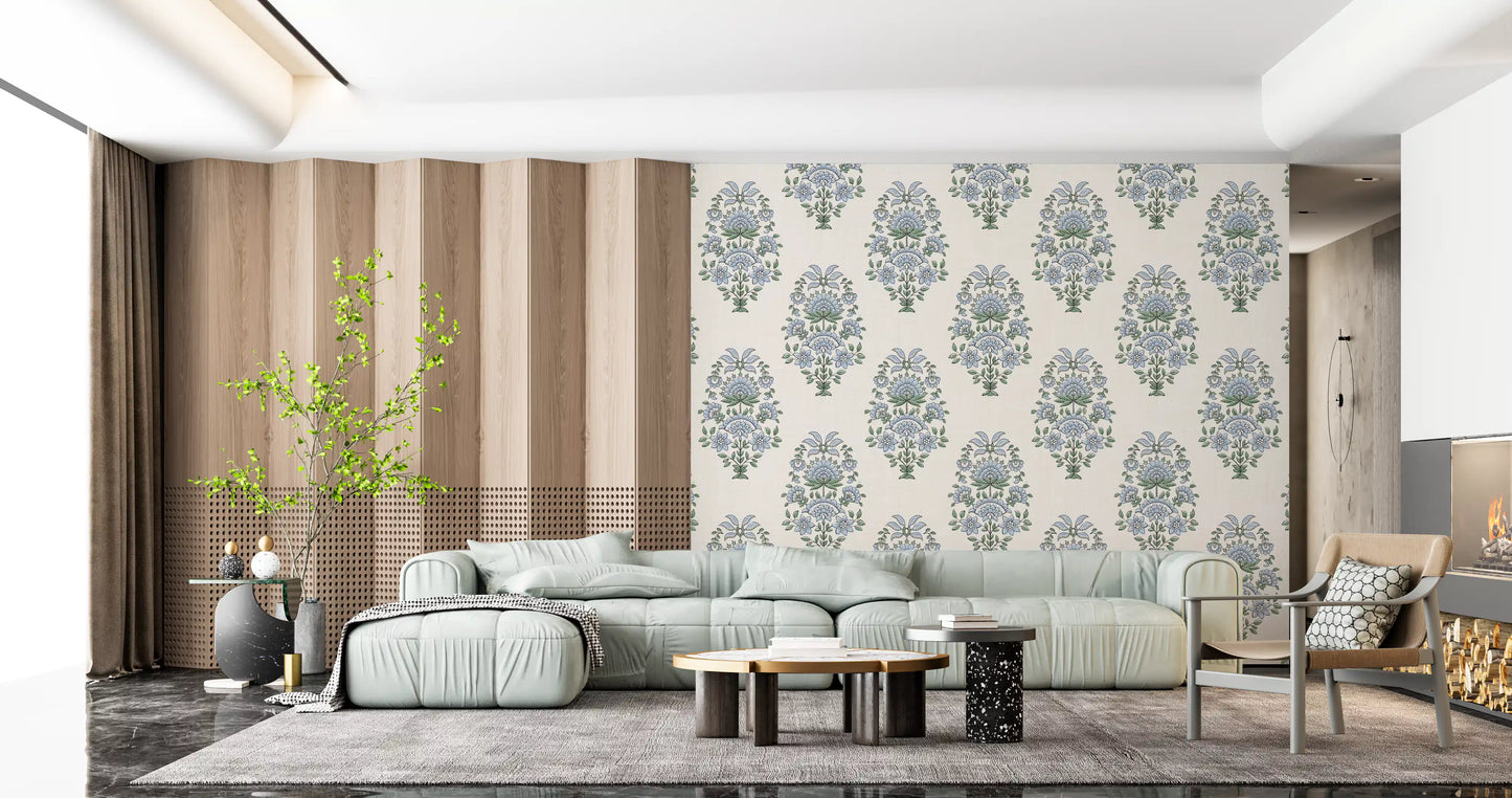 Sage-green stems link the blooms in this serene floral wallpaper