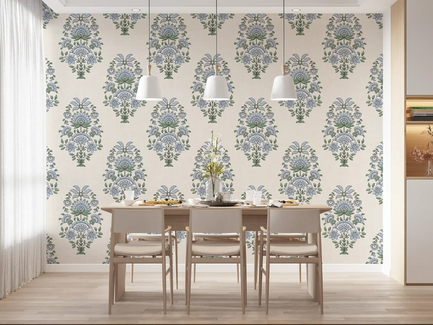 Low-sheen finish gives blue floral motif wallpaper an understated look