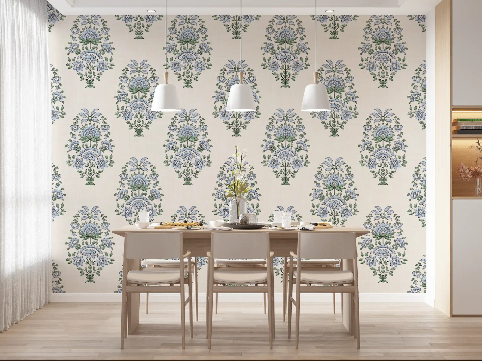Low-sheen finish gives blue floral motif wallpaper an understated look
