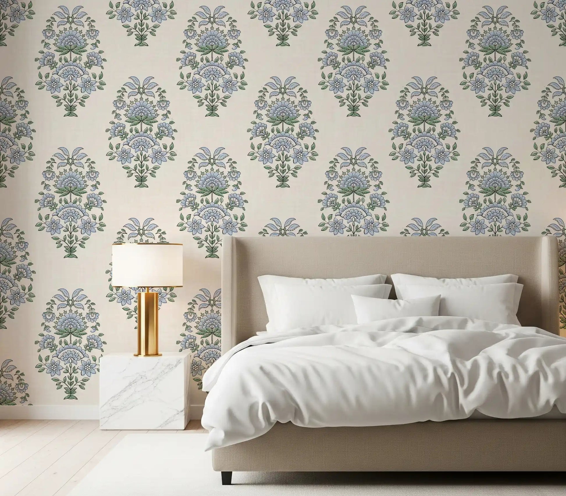 Bedroom styled with Serene Blue Floral Motif Wallpaper for a calm, restful mood