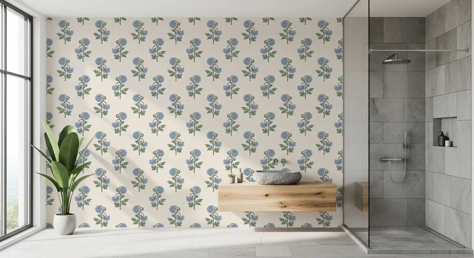 Cool blue florals of Azure Petal Harmony wallpaper styling a bright bathroom