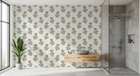 Cool blue florals of Azure Petal Harmony wallpaper styling a bright bathroom