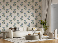 Petal-and-stem pattern of Azure Petal Harmony wallpaper warming a calm Living room 