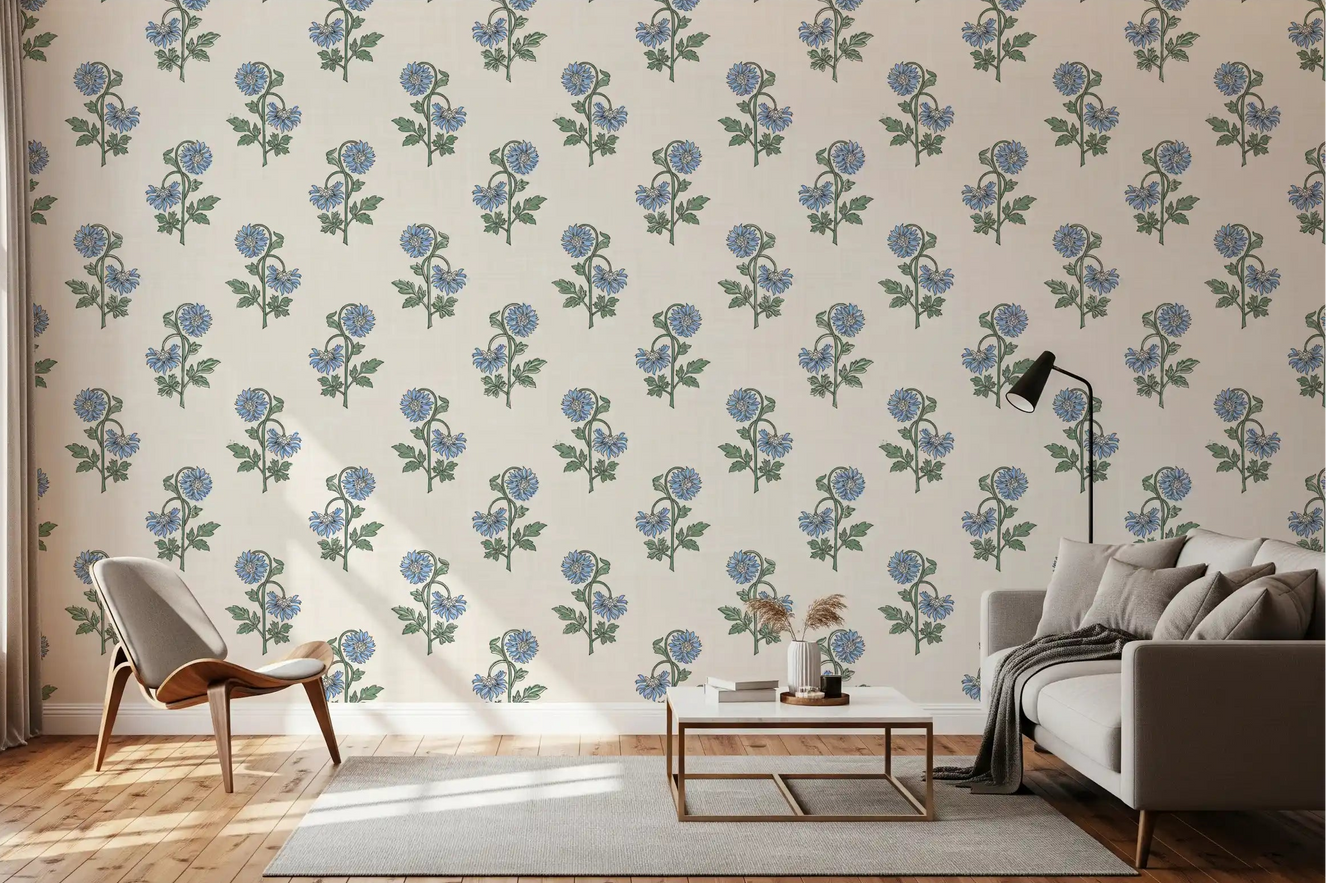 Living room dressed in Azure Petal Harmony wallpaper, blue blooms on cream
