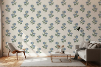Living room dressed in Azure Petal Harmony wallpaper, blue blooms on cream