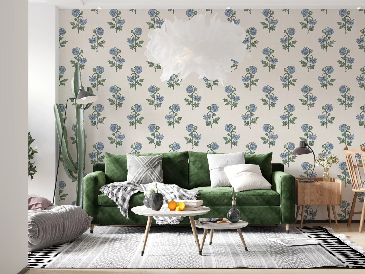 Relaxed lounge featuring blue Azure Petal Harmony botanical wallpaper