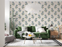 Relaxed lounge featuring blue Azure Petal Harmony botanical wallpaper