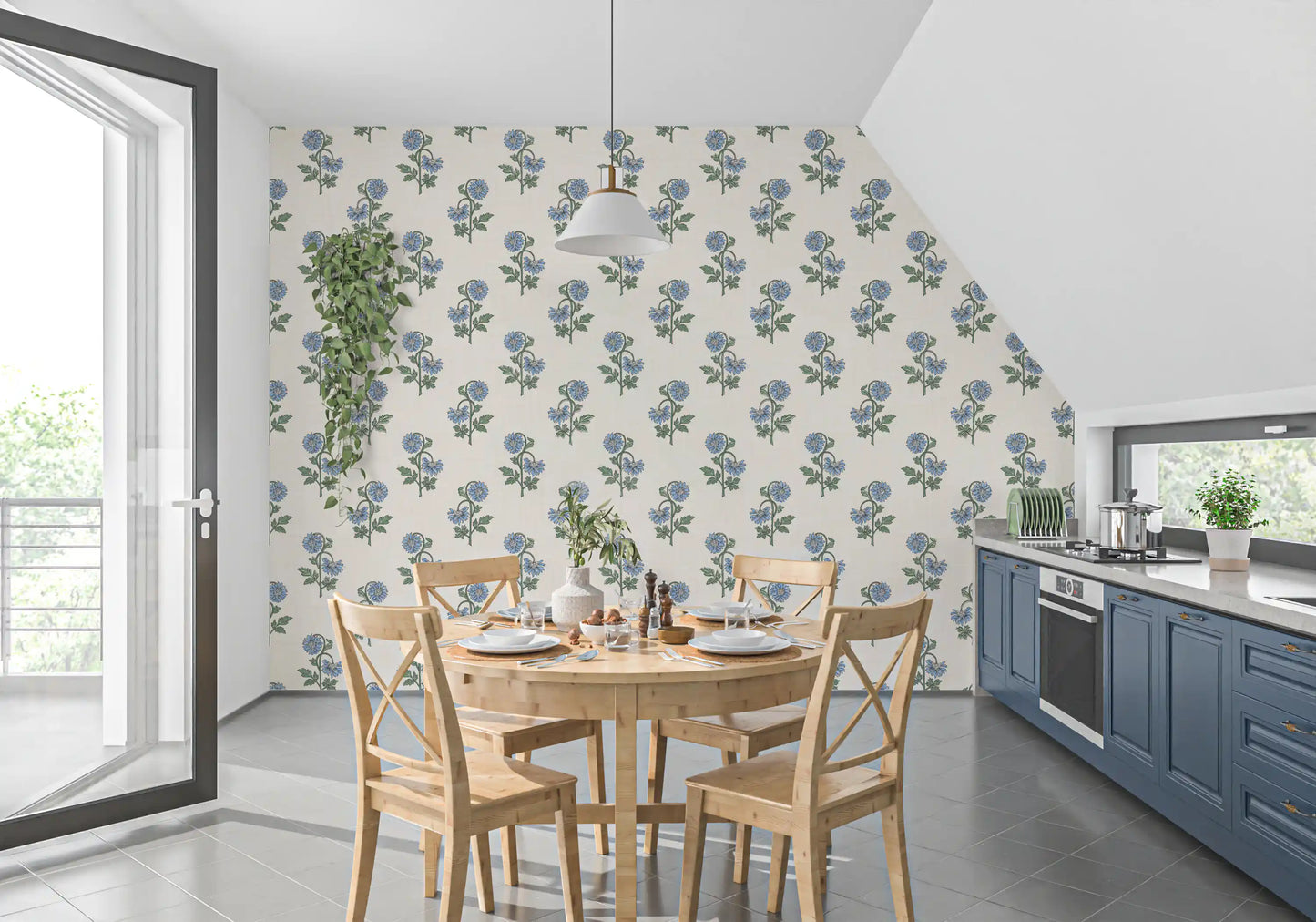 Warm cream ground sets off blue Azure Petal Harmony wallpaper florals