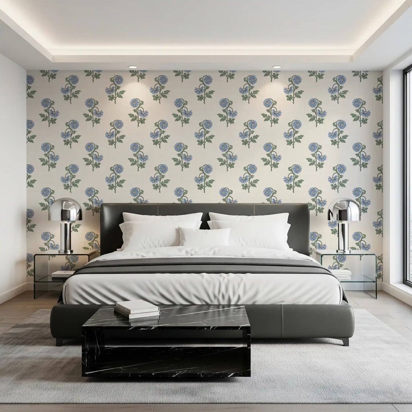 Bedroom scheme led by Azure Petal Harmony wallpaper, blue florals, green stems
