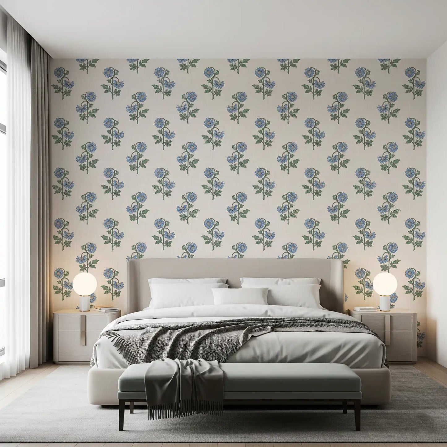 Half-drop repeat keeps Azure Petal Harmony wallpaper evenly spaced and balanced