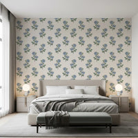 Half-drop repeat keeps Azure Petal Harmony wallpaper evenly spaced and balanced