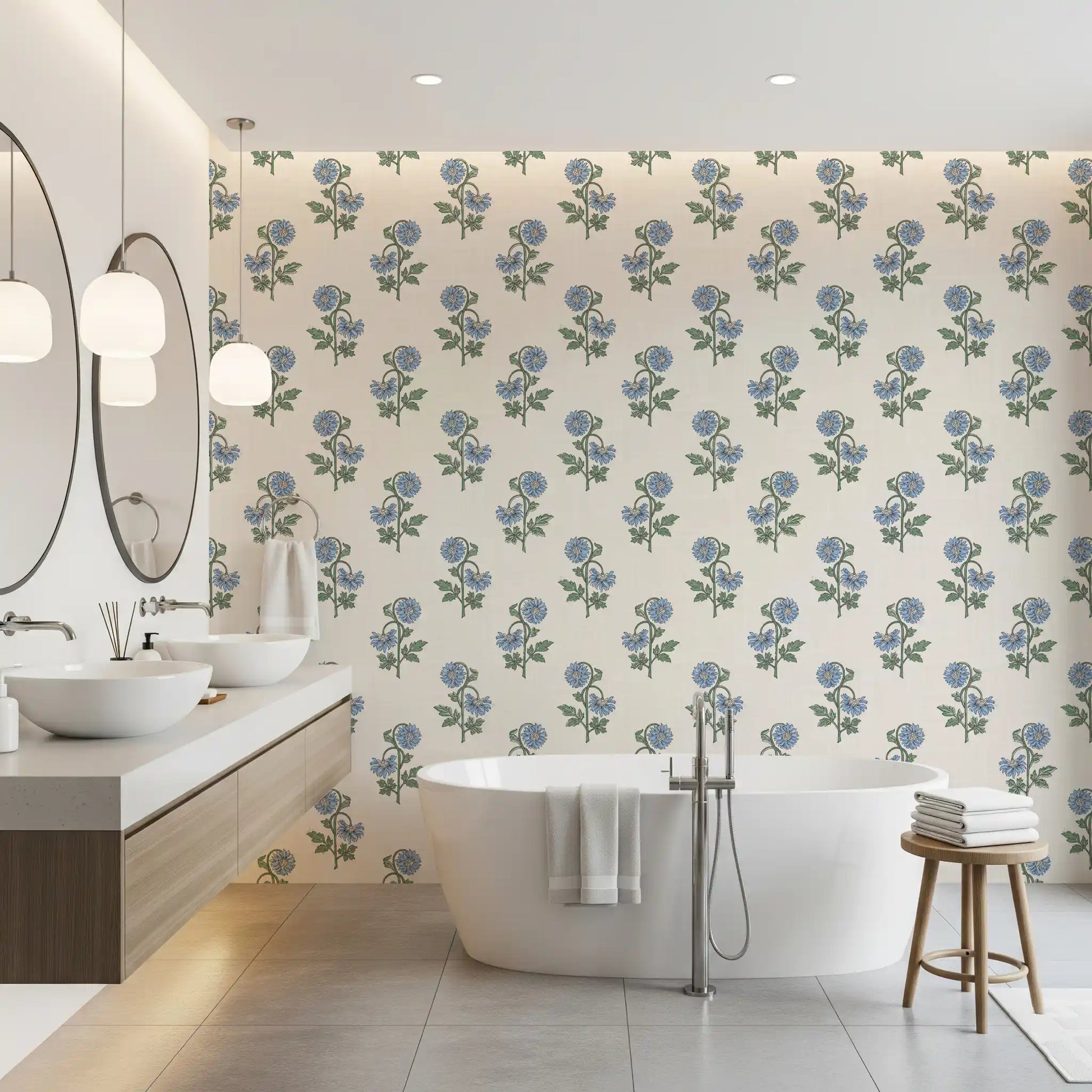 Tiered blue petals and green foliage define this Azure Petal Harmony wallpaper