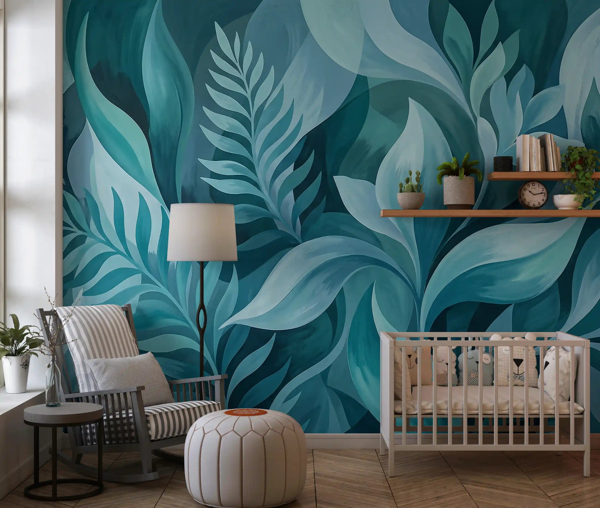 Fern fronds layer in cool teal within the Aqua Serenity Leaves wall mural
