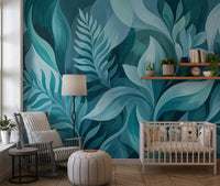 Fern fronds layer in cool teal within the Aqua Serenity Leaves wall mural