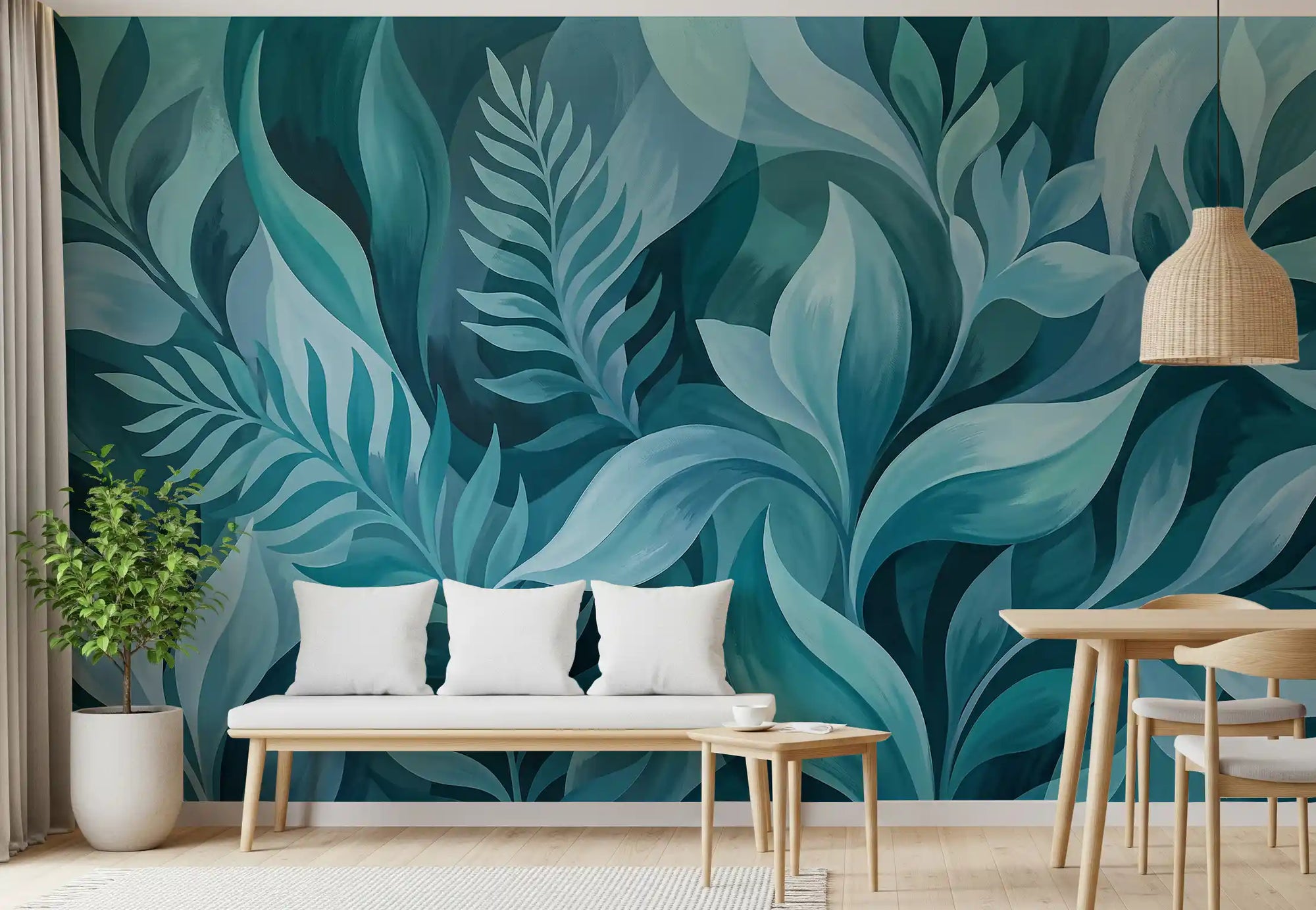 Aqua Serenity Leaves wall mural sets a calm teal mood in a bright living room