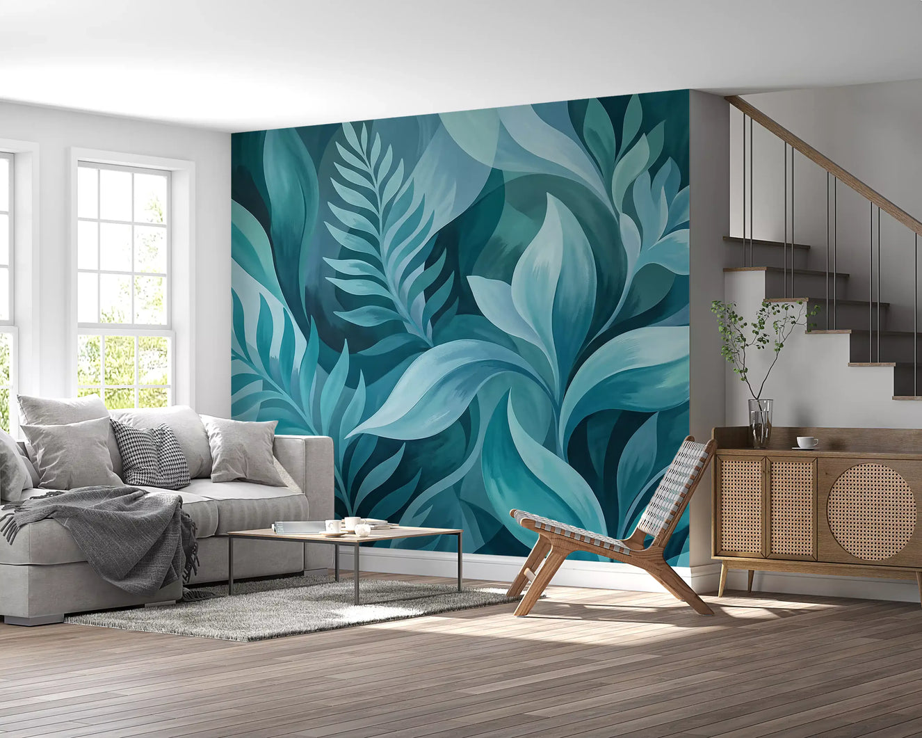 Aqua Serenity Leaves Wall Mural
