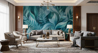 Painterly fern shapes quiet a Living room with the Aqua Serenity wall mural