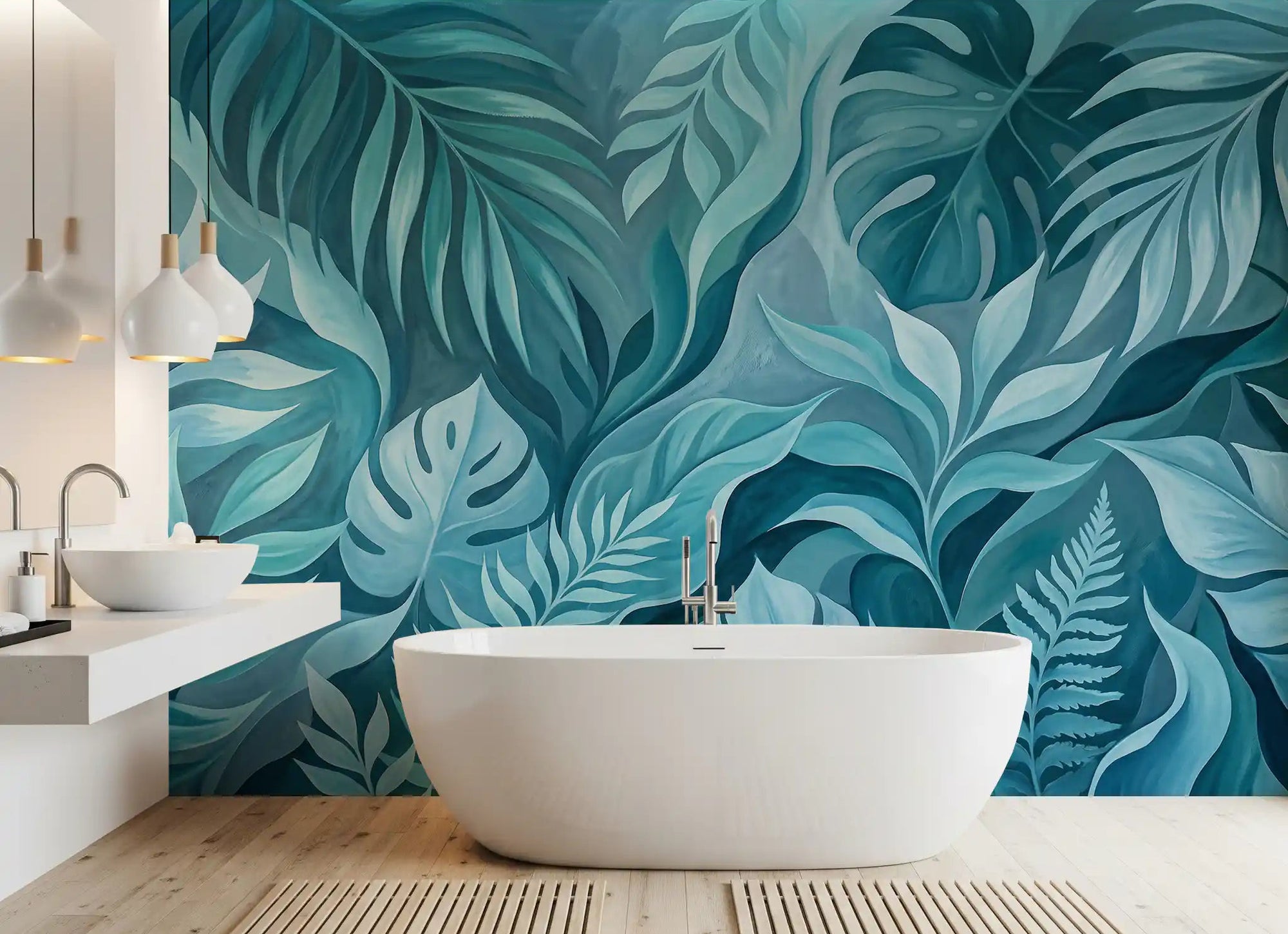 Teal Tropical Canopy wall mural sets a spa-like calm in a bright bathroom