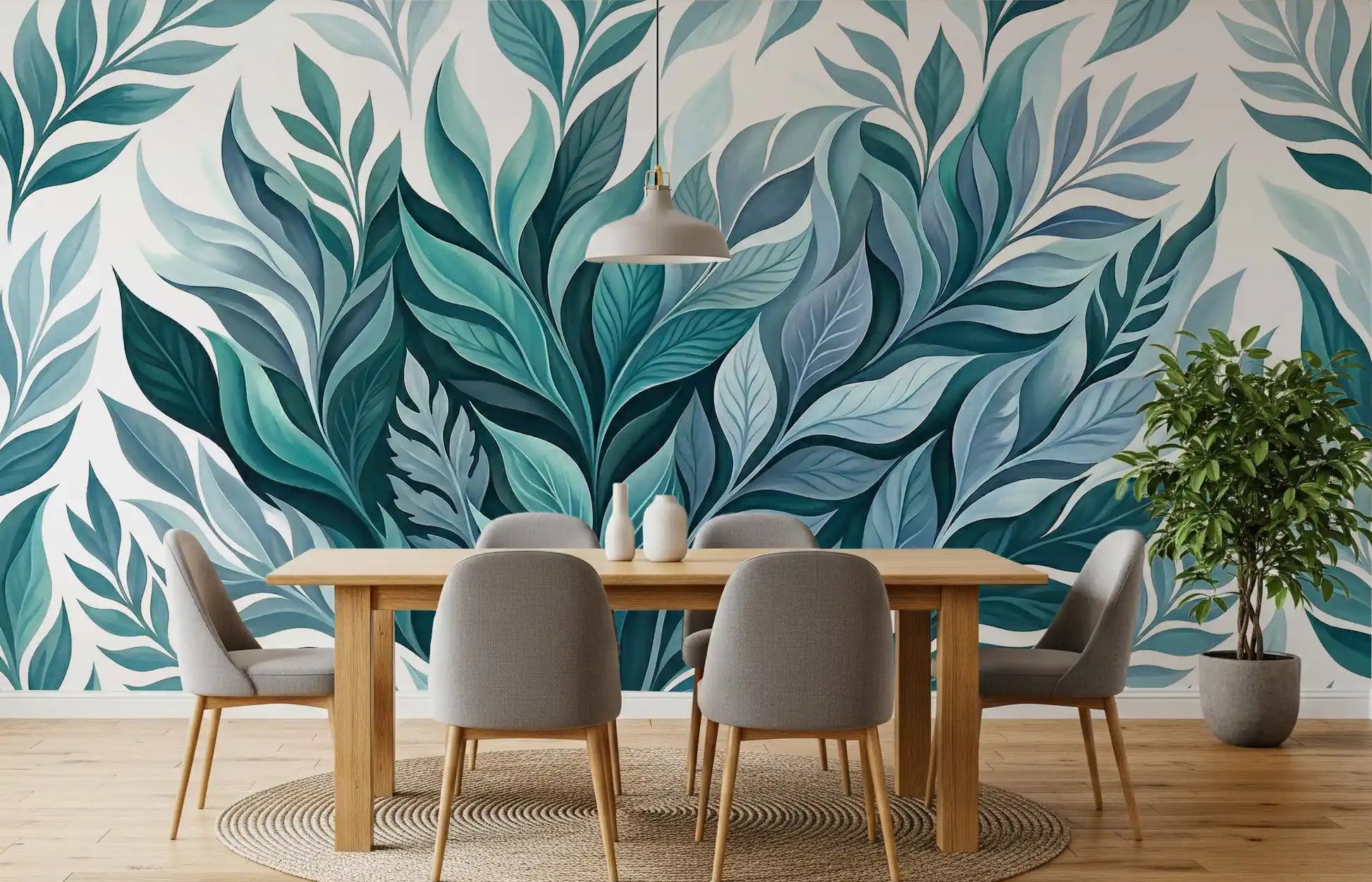 Dining room set against the Serene Leaf Dance wall mural in cool blue tones.