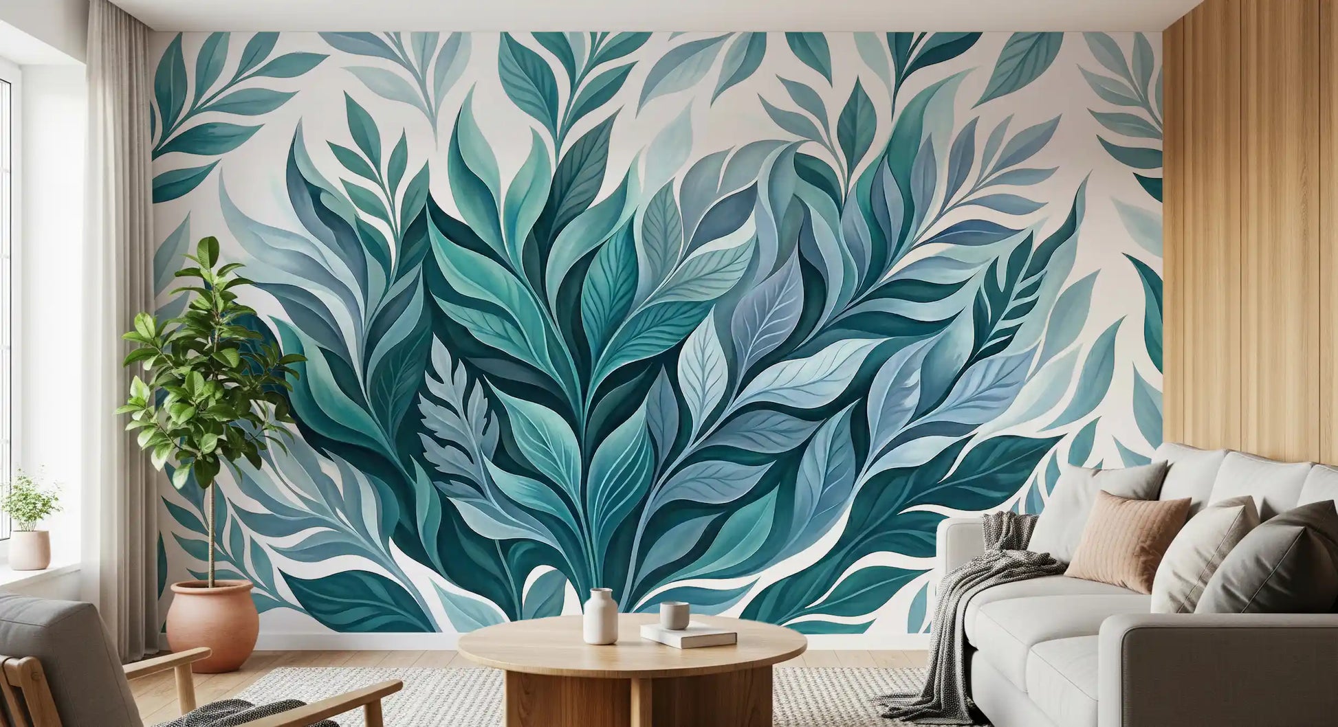 Serene Leaf Dance wall mural showing teal and pale blue painted foliage.