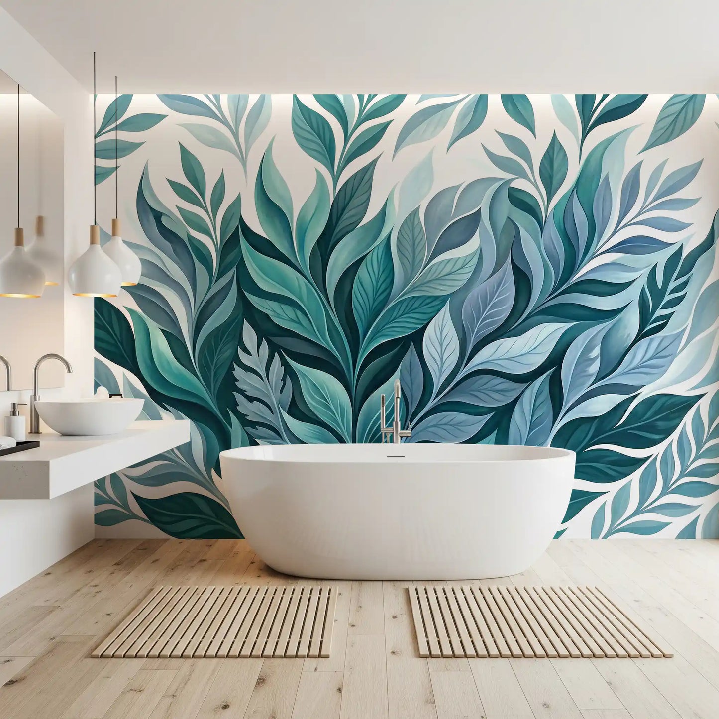 Bathroom carrying the fresh, watercolour mood of the Leaf Dance wall mural.