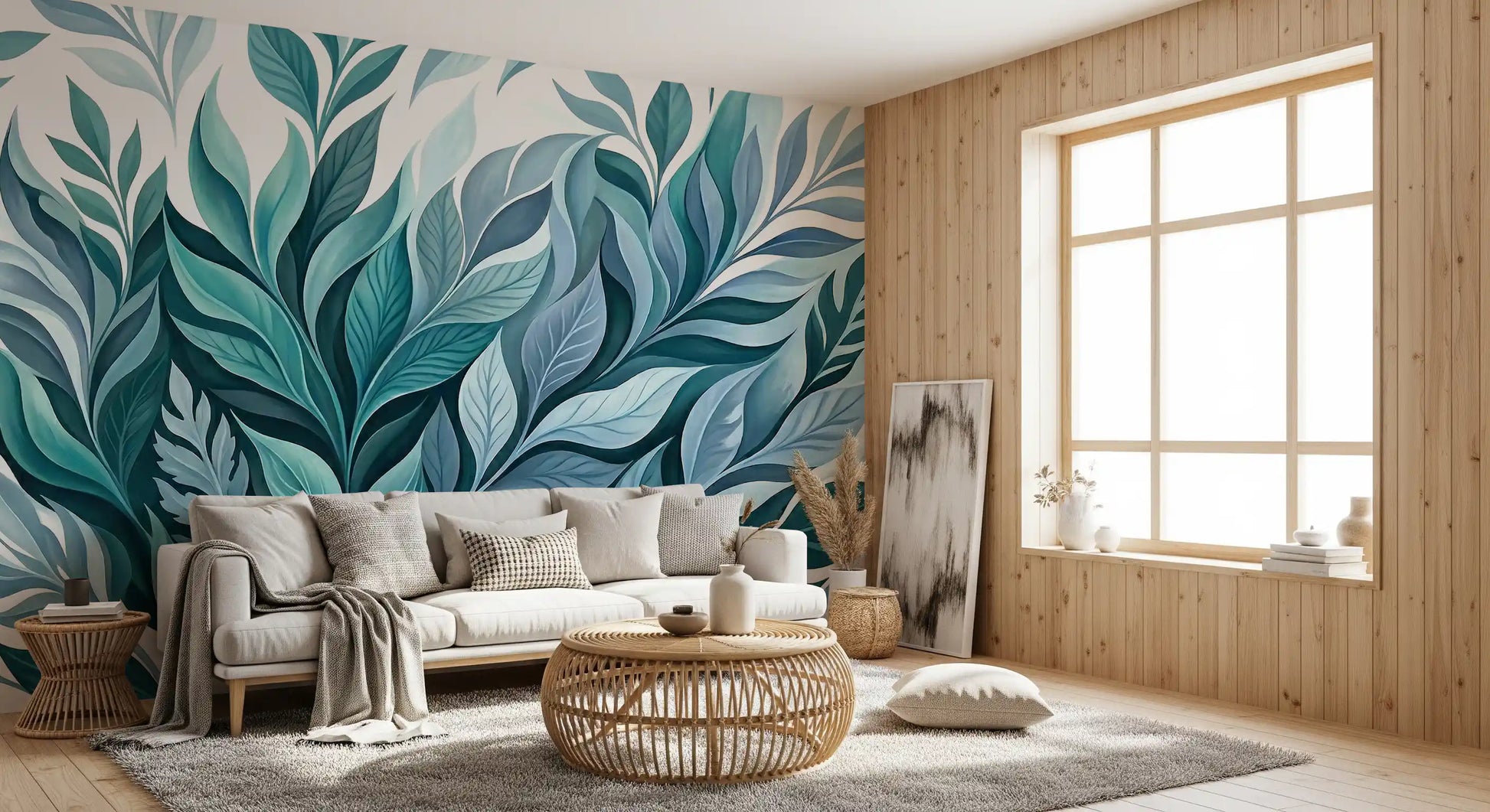 Brushed shading gives depth to the painted Leaf Dance wall mural.