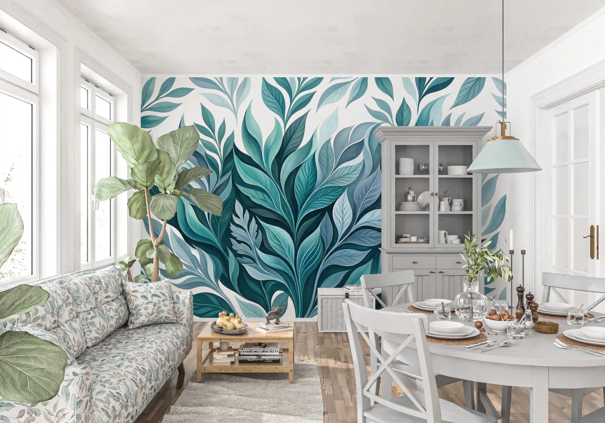 Dining room finished with the gentle blue Leaf Dance wall mural for a quiet feel.