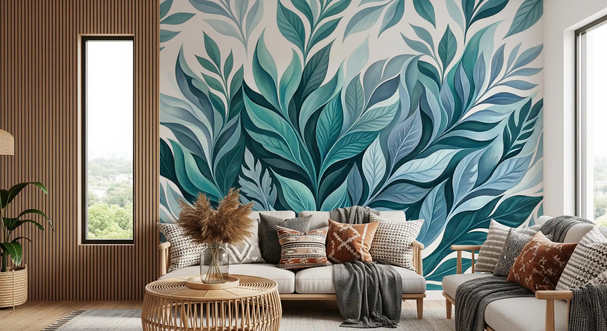Lounge brightened by the airy blue-green Serene Leaf Dance wall mural.