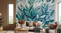 Lounge brightened by the airy blue-green Serene Leaf Dance wall mural.